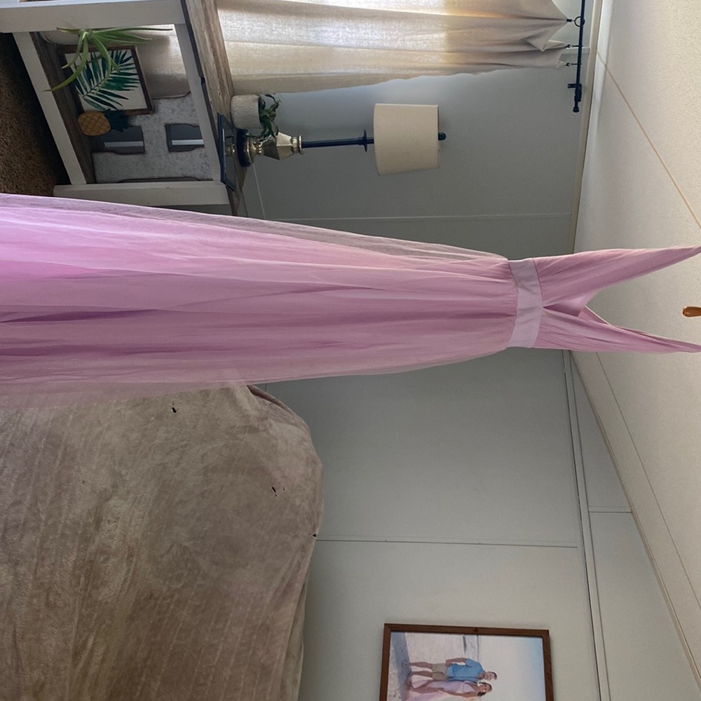Light pink/purple floor length dress w/ slits. From Vici